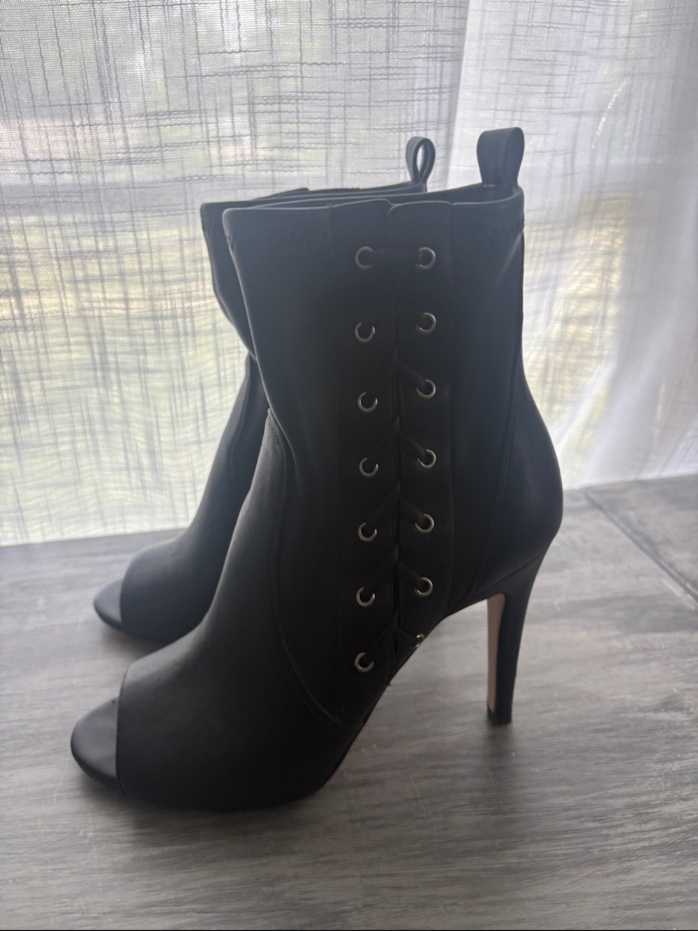 Jessica Simpson Black Peep-Toe Lace-Up Stiletto Ankle Boots
